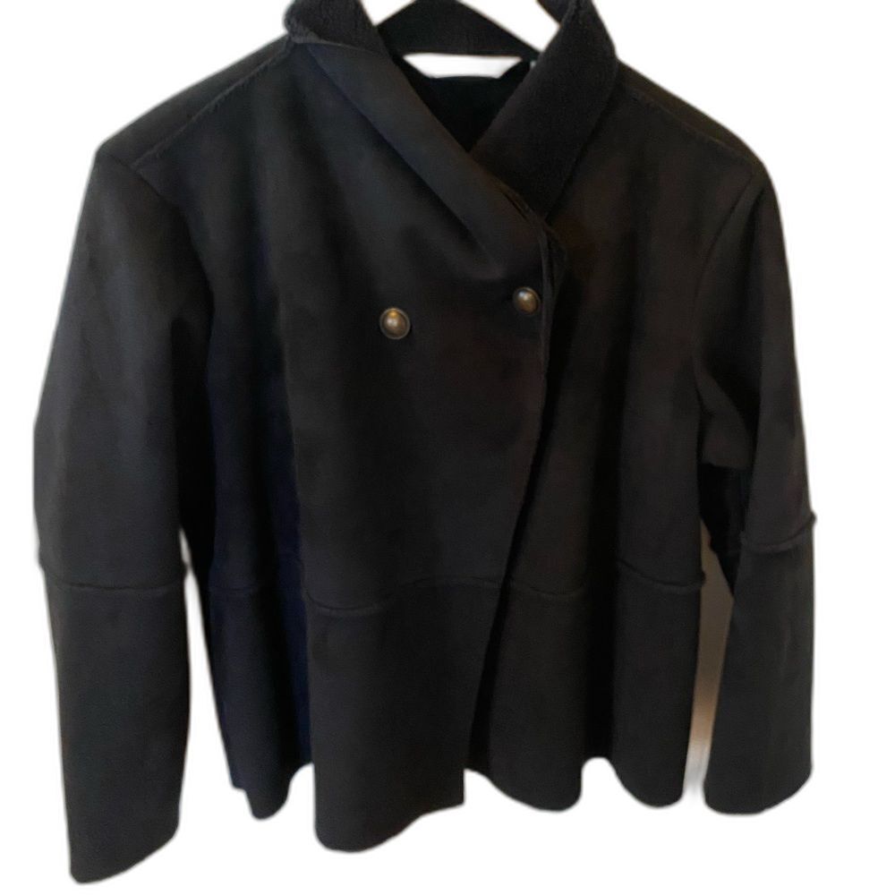 Orvis Black faux fur suede two button jacket with seaming size large